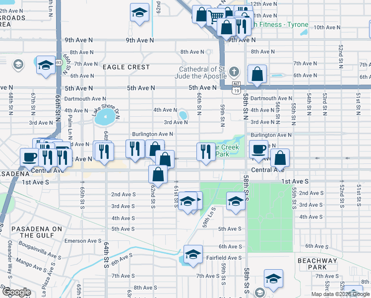 map of restaurants, bars, coffee shops, grocery stores, and more near 6056 2nd Avenue North in St. Petersburg