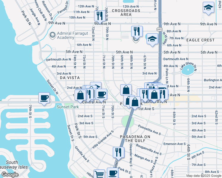 map of restaurants, bars, coffee shops, grocery stores, and more near 127 71st Street North in St. Petersburg