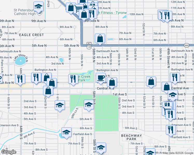 map of restaurants, bars, coffee shops, grocery stores, and more near 5728 2nd Avenue North in St. Petersburg
