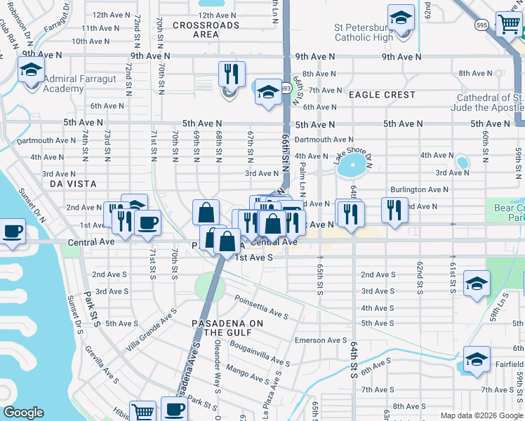 map of restaurants, bars, coffee shops, grocery stores, and more near 225 Pasadena Avenue North in St. Petersburg