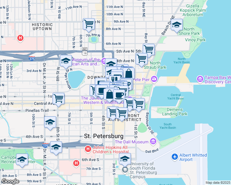map of restaurants, bars, coffee shops, grocery stores, and more near 299 1st Avenue North in St. Petersburg