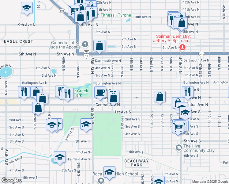 map of restaurants, bars, coffee shops, grocery stores, and more near 5550 2nd Avenue North in Saint Petersburg