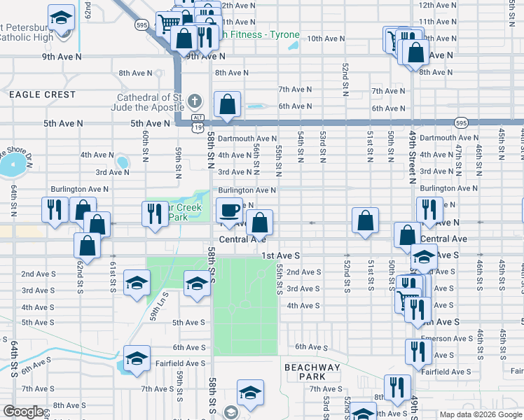 map of restaurants, bars, coffee shops, grocery stores, and more near 5516 2nd Avenue North in St. Petersburg