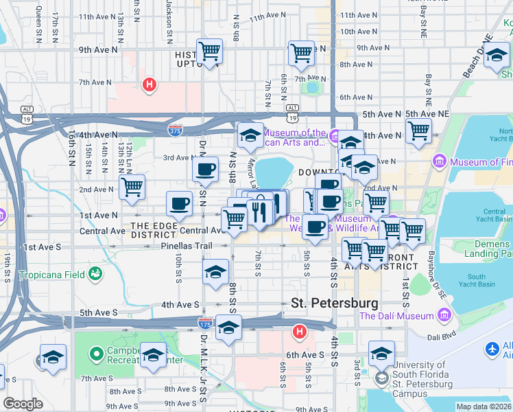 map of restaurants, bars, coffee shops, grocery stores, and more near 694 Arlington Avenue North in St. Petersburg