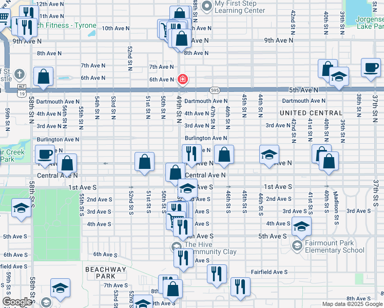 map of restaurants, bars, coffee shops, grocery stores, and more near 125 49th Street South in St. Petersburg