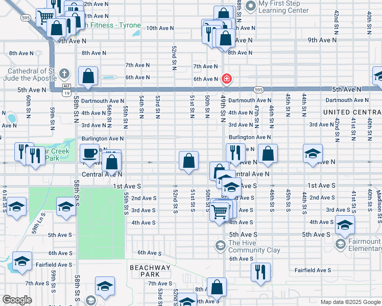 map of restaurants, bars, coffee shops, grocery stores, and more near 150 51st Street South in St. Petersburg