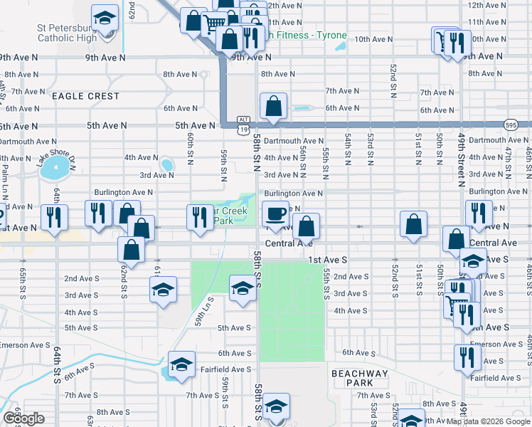 map of restaurants, bars, coffee shops, grocery stores, and more near 5728 2nd Avenue North in St. Petersburg