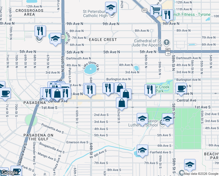 map of restaurants, bars, coffee shops, grocery stores, and more near 6282 2nd Avenue North in St. Petersburg