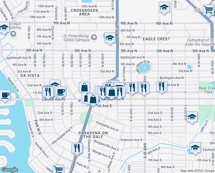 map of restaurants, bars, coffee shops, grocery stores, and more near 225 Pasadena Avenue North in St. Petersburg