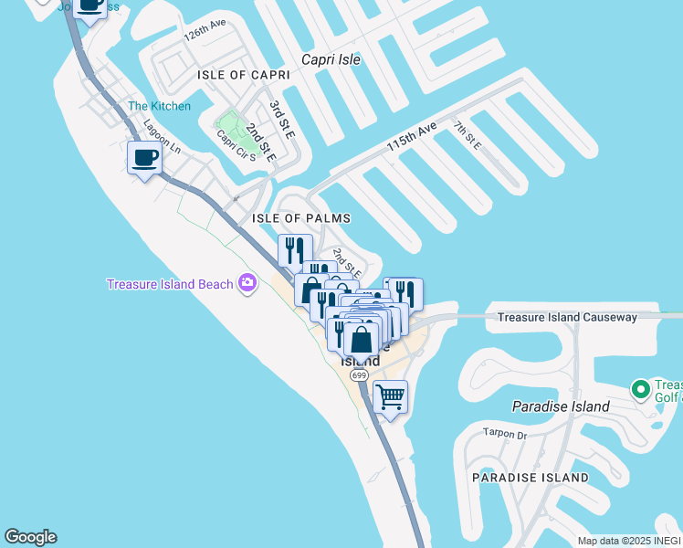 map of restaurants, bars, coffee shops, grocery stores, and more near 11105 1st Street East in Treasure Island