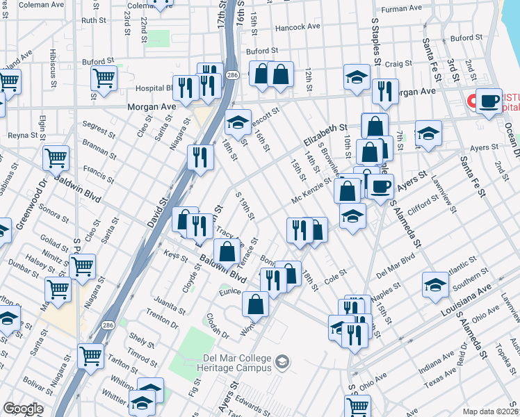 map of restaurants, bars, coffee shops, grocery stores, and more near 1552 18th Street in Corpus Christi