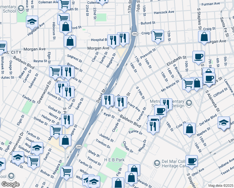 map of restaurants, bars, coffee shops, grocery stores, and more near 2441 Riggan Street in Corpus Christi
