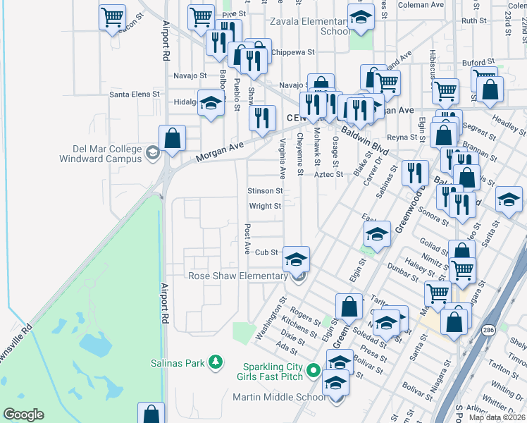 map of restaurants, bars, coffee shops, grocery stores, and more near 3637 Wright Street in Corpus Christi