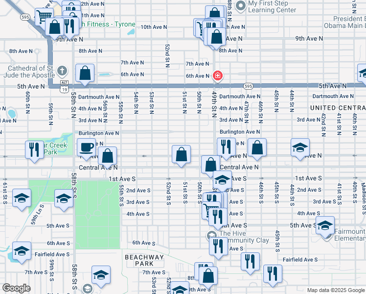 map of restaurants, bars, coffee shops, grocery stores, and more near 150 51st Street South in St. Petersburg
