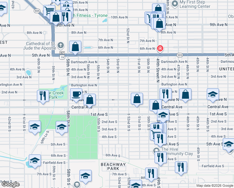 map of restaurants, bars, coffee shops, grocery stores, and more near 130 53rd Street South in St. Petersburg
