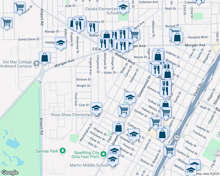 map of restaurants, bars, coffee shops, grocery stores, and more near 2909 Blake Street in Corpus Christi