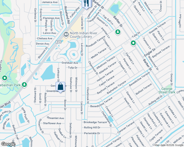map of restaurants, bars, coffee shops, grocery stores, and more near 740 Albatross Terrace in Sebastian
