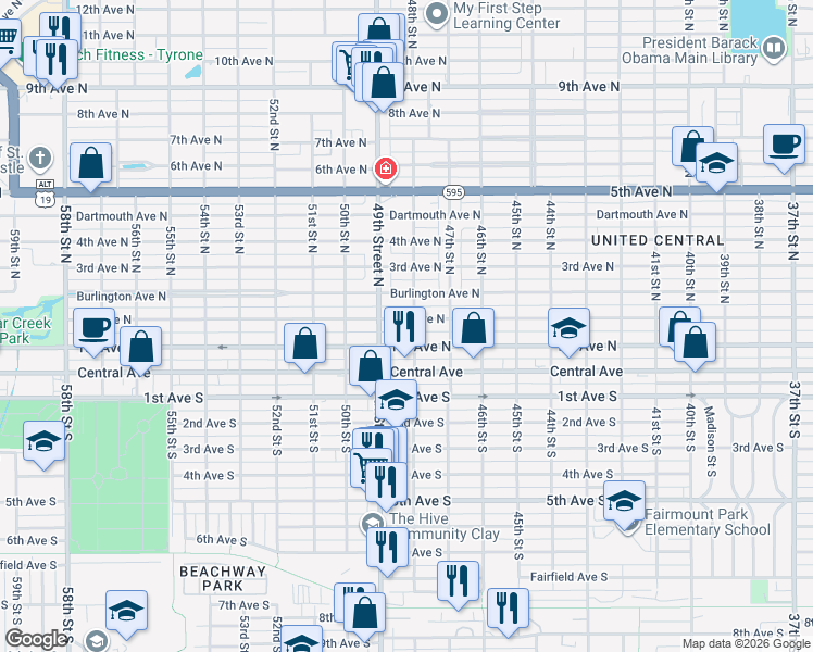 map of restaurants, bars, coffee shops, grocery stores, and more near 125 49th Street South in St. Petersburg