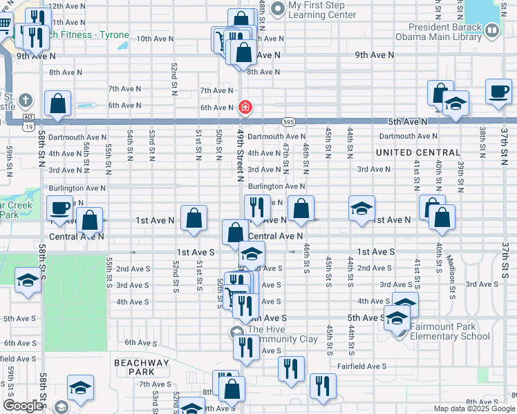 map of restaurants, bars, coffee shops, grocery stores, and more near 125 49th Street South in St. Petersburg