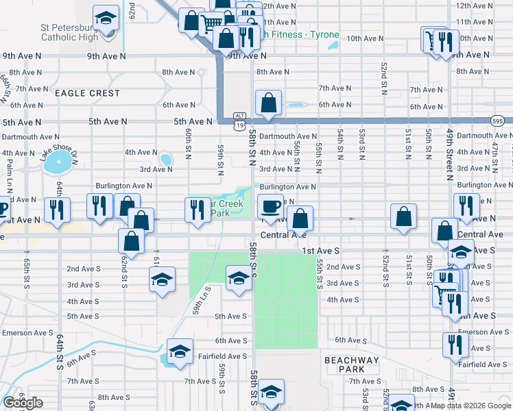 map of restaurants, bars, coffee shops, grocery stores, and more near 5762 2nd Avenue North in St. Petersburg