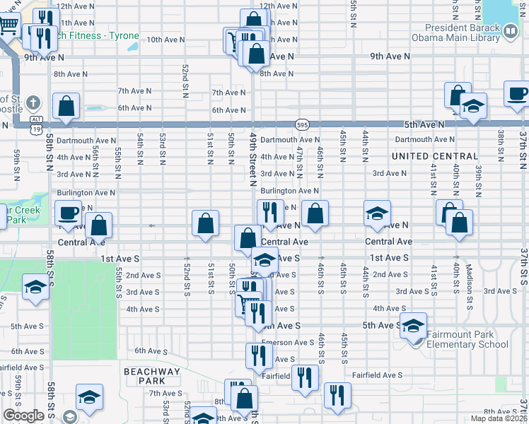 map of restaurants, bars, coffee shops, grocery stores, and more near 125 49th Street South in St. Petersburg