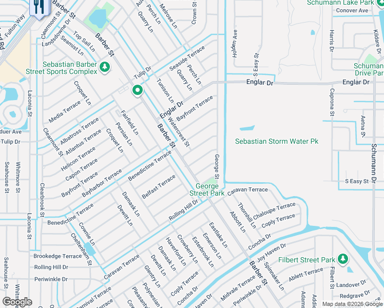 map of restaurants, bars, coffee shops, grocery stores, and more near 366 Breakwater Terrace in Sebastian