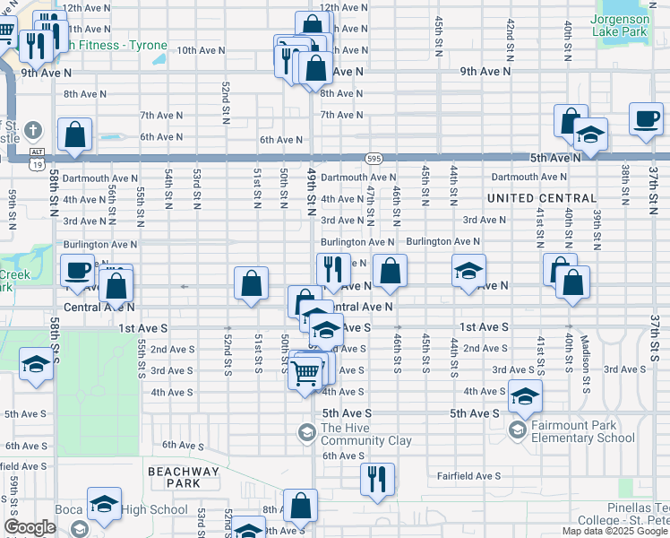 map of restaurants, bars, coffee shops, grocery stores, and more near 4810 2nd Avenue North in St. Petersburg