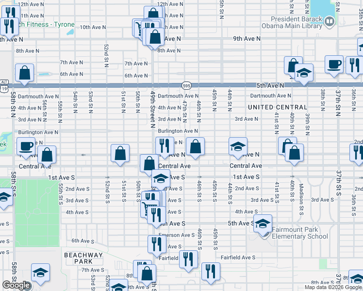 map of restaurants, bars, coffee shops, grocery stores, and more near 4744 2nd Avenue North in St. Petersburg