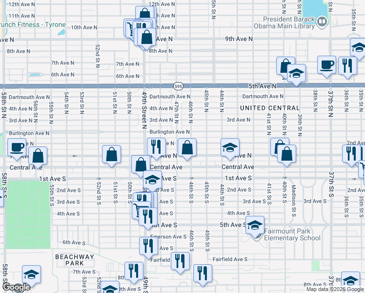 map of restaurants, bars, coffee shops, grocery stores, and more near 4630 2nd Ave N in St Petersburg