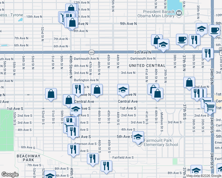 map of restaurants, bars, coffee shops, grocery stores, and more near 4420 2nd Avenue North in St. Petersburg