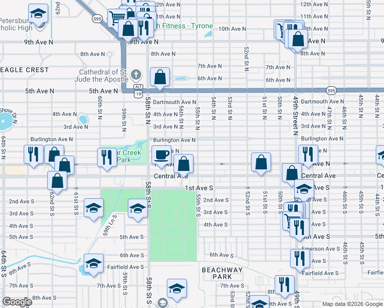 map of restaurants, bars, coffee shops, grocery stores, and more near 5516 2nd Avenue North in Saint Petersburg