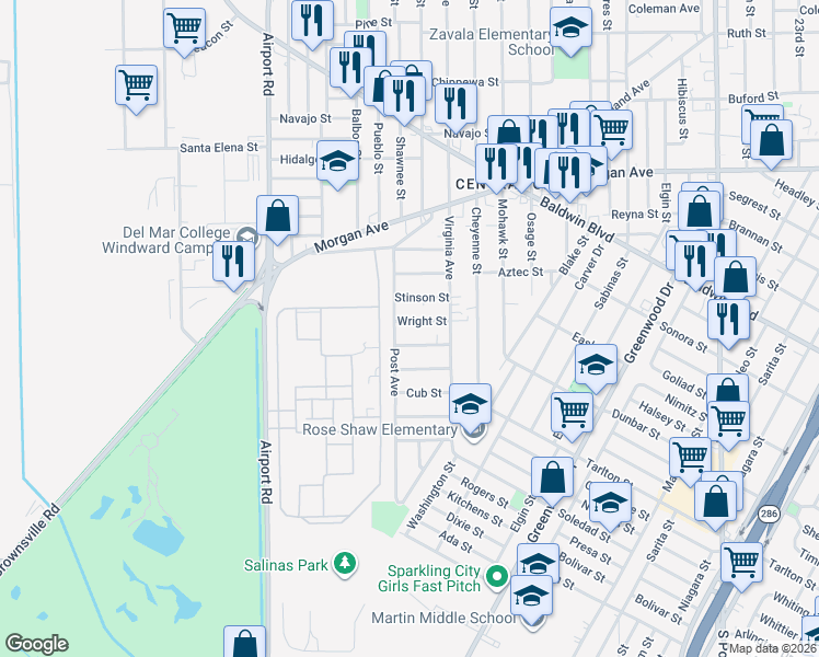 map of restaurants, bars, coffee shops, grocery stores, and more near 3637 Wright St in Corpus Christi