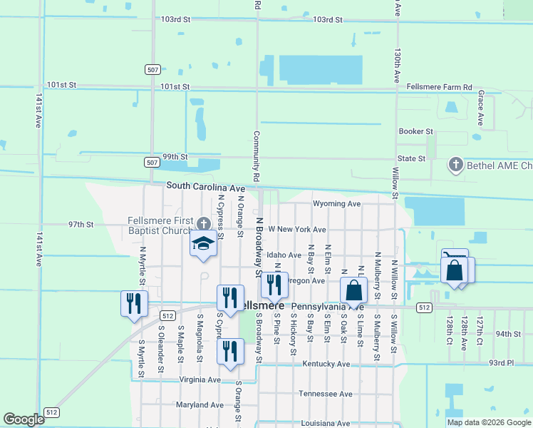 map of restaurants, bars, coffee shops, grocery stores, and more near 125 North Broadway Street in Fellsmere