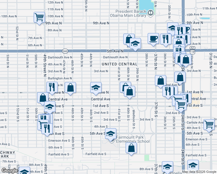 map of restaurants, bars, coffee shops, grocery stores, and more near 4200 2nd Avenue North in St. Petersburg