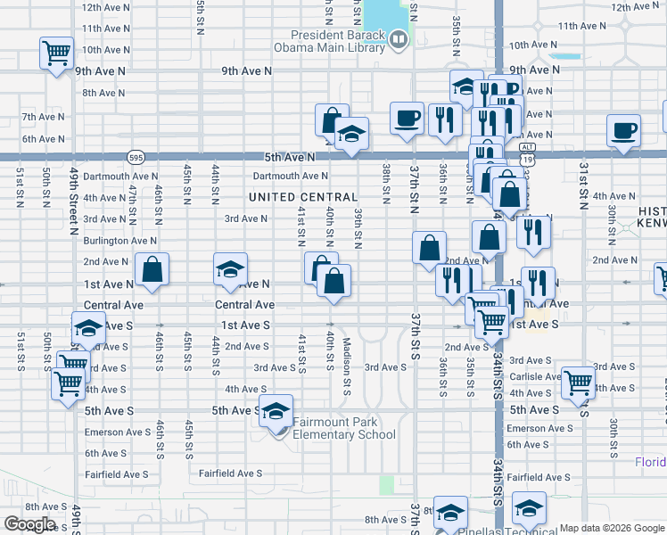 map of restaurants, bars, coffee shops, grocery stores, and more near 117 40th Street South in St. Petersburg
