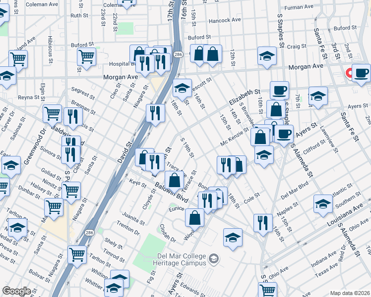 map of restaurants, bars, coffee shops, grocery stores, and more near 2402 Cloyde Street in Corpus Christi