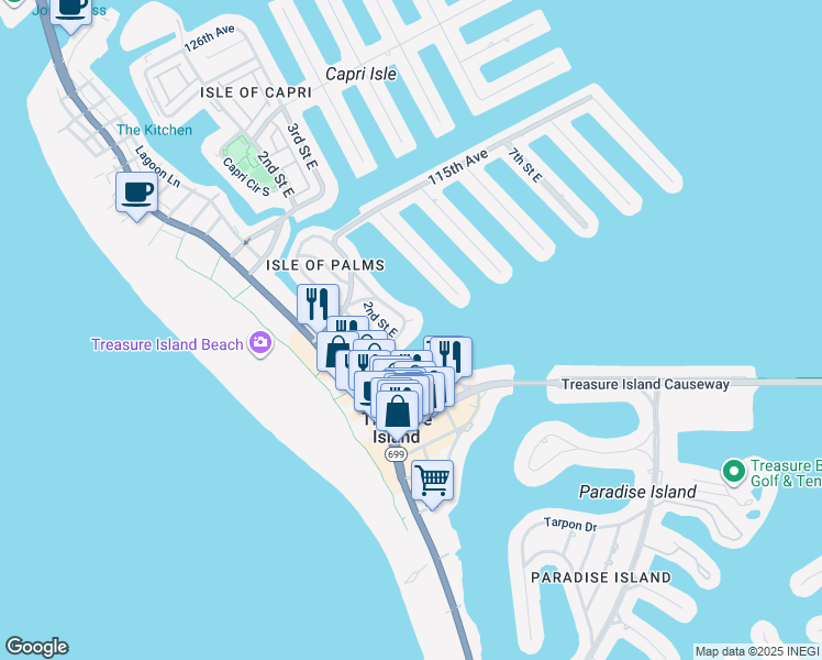 map of restaurants, bars, coffee shops, grocery stores, and more near 245 110th Avenue in Treasure Island