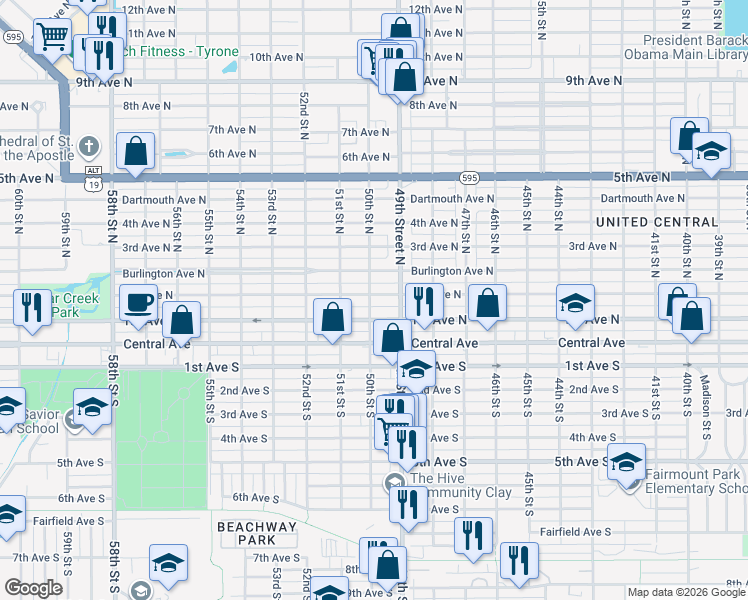 map of restaurants, bars, coffee shops, grocery stores, and more near 4954 2nd Avenue North in St. Petersburg