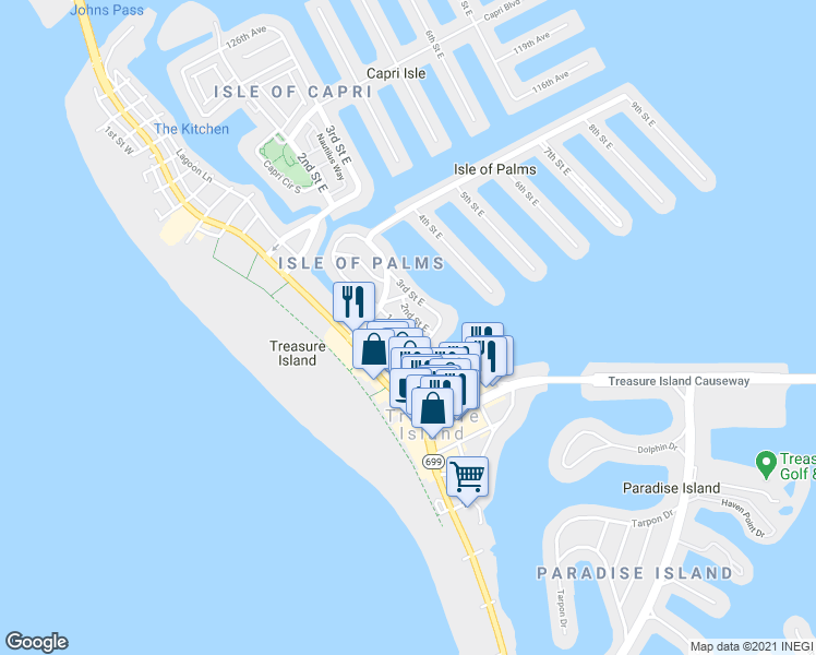 map of restaurants, bars, coffee shops, grocery stores, and more near 11105 1st Street East in Treasure Island