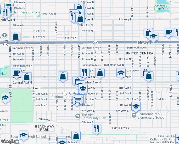 map of restaurants, bars, coffee shops, grocery stores, and more near 4744 2nd Avenue North in St. Petersburg
