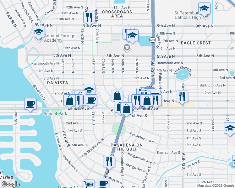 map of restaurants, bars, coffee shops, grocery stores, and more near 120 Orange Avenue North in St. Petersburg