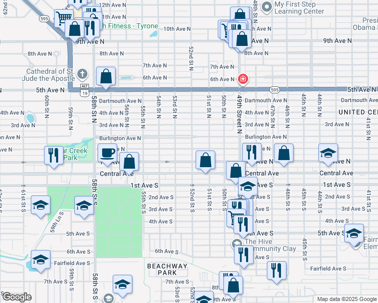 map of restaurants, bars, coffee shops, grocery stores, and more near 5206 2nd Avenue North in St. Petersburg