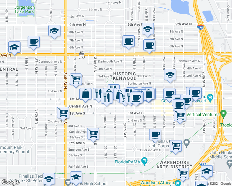 map of restaurants, bars, coffee shops, grocery stores, and more near 125 29th Street South in St. Petersburg