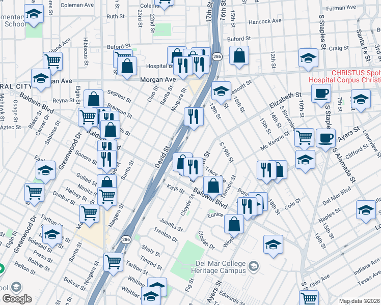 map of restaurants, bars, coffee shops, grocery stores, and more near 2441 Riggan Street in Corpus Christi