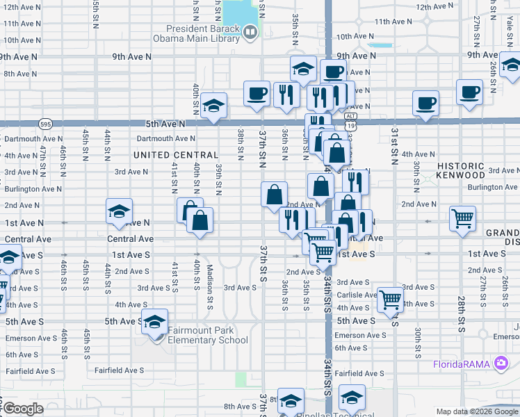 map of restaurants, bars, coffee shops, grocery stores, and more near 3700 2nd Avenue North in Saint Petersburg