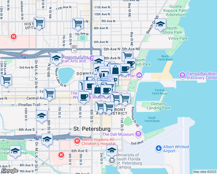 map of restaurants, bars, coffee shops, grocery stores, and more near 299 1st Avenue North in St. Petersburg