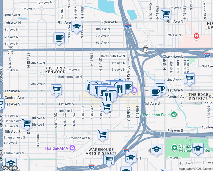 map of restaurants, bars, coffee shops, grocery stores, and more near 2214 2nd Avenue North in St. Petersburg