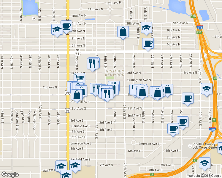 map of restaurants, bars, coffee shops, grocery stores, and more near 125 29th Street South in St. Petersburg
