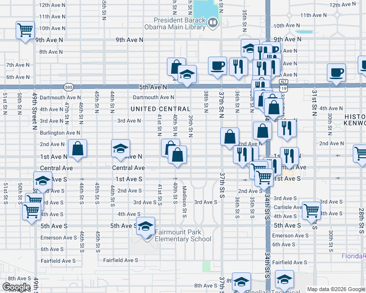 map of restaurants, bars, coffee shops, grocery stores, and more near 117 40th Street South in St. Petersburg