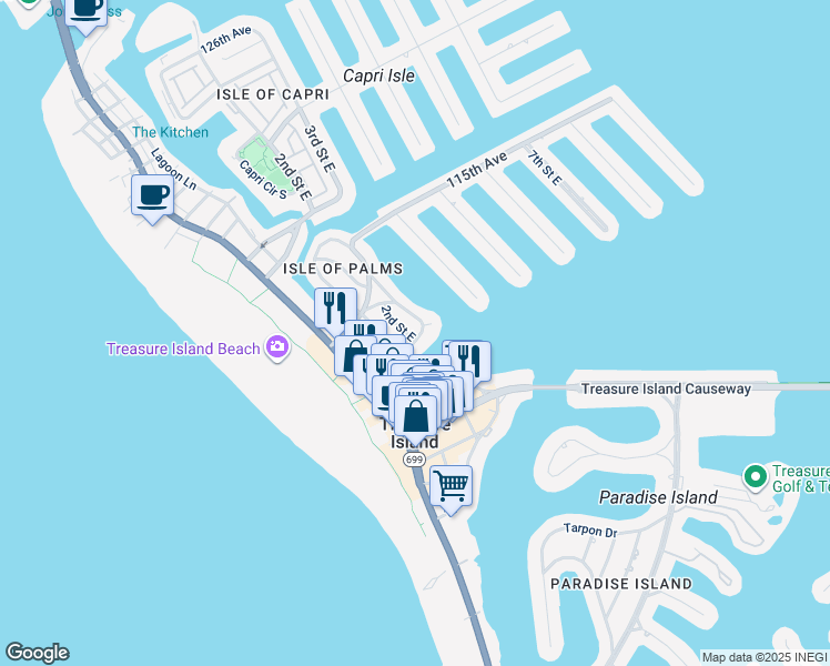 map of restaurants, bars, coffee shops, grocery stores, and more near 245 110th Avenue in Treasure Island